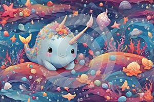 abstract Cute narwhal under the sea with pearl shell and starfish in rainbow colorful