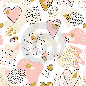 Abstract Cute seamless pattern with chaotic painted Hearts. Valentine`s day vector texture