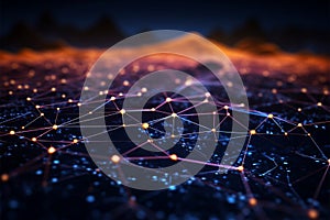 Abstract cyber landscape 3D rendering, network connectivity, blockchain data streams