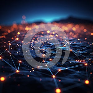 Abstract cyber landscape 3D rendering, network connectivity, blockchain data streams