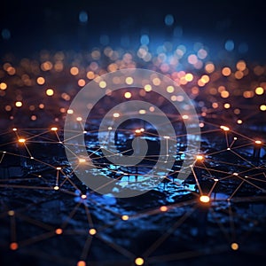 Abstract cyber landscape 3D rendering, network connectivity, blockchain data streams