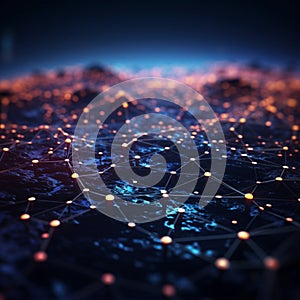 Abstract cyber landscape 3D rendering, network connectivity, blockchain data streams