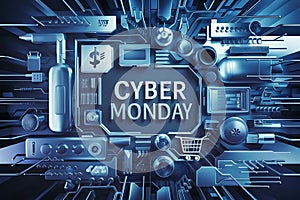 Abstract Cyber Monday wallpaper with tech and shopping symbols photo