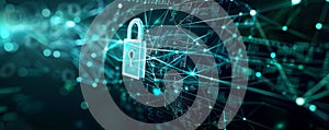 Abstract cyber security background featuring a digital lock, binary code streams, and