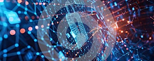Abstract cyber security background featuring a digital lock, binary code streams, and