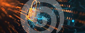 Abstract cyber security background featuring a glowing padlock, binary code, and interconnected