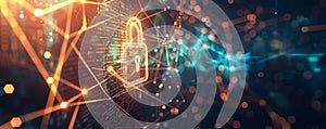 Abstract cyber security background featuring a glowing padlock, binary code, and interconnected