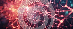 Abstract cyber security background featuring a glowing padlock, binary code, and interconnected
