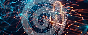 Abstract cyber security background with a glowing padlock, binary code, and interconnected lines