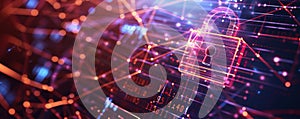 Abstract cyber security background with a glowing padlock, binary code, and interconnected lines