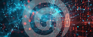 Abstract cyber security background with a glowing padlock, binary code, and interconnected lines