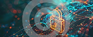 Abstract cyber security background with a glowing padlock, binary code, and interconnected lines