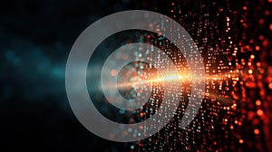 Abstract Cyber Security Digital Data Visualization with Glowing Orange Particles and Binary Code Streams on Dark Background