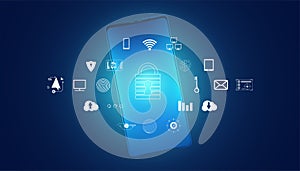 Abstract cyber security with phone and icons concept And internet protection