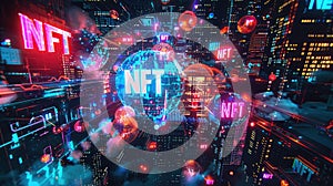 Abstract cyber world of NFT, modern token on digital neon background. Theme of blockchain, crypto art, data, bitcoin, gallery,