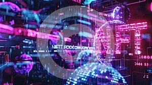 Abstract cyber world of NFT, modern token on digital neon background. Theme of blockchain, non-fungible, crypto art, data, bitcoin