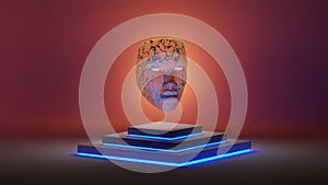 Abstract, cyberpunk background. Translucent mask with metallic linings floating over a pedestal with blue neon lights. Digital 3D