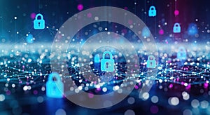 Digital cybersecurity network protection secure data abstract blue glowing padlocks and bokeh lights