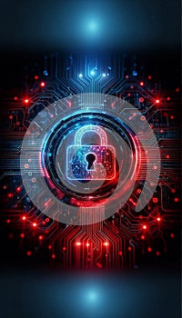 Abstract cybersecurity concept, glowing digital lock over circuit board, matrix binary code in background, high tech UI
