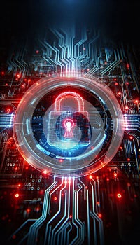 Abstract cybersecurity concept, glowing digital lock over circuit board, matrix binary code in background, high tech UI