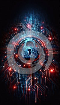 Abstract cybersecurity concept, glowing digital lock over circuit board, matrix binary code in background, high-tech UI