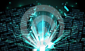Abstract cyberspace with a hacked array of binary data, explosion with rays of light, blown-up binary code, matrix background