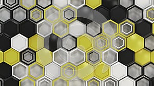 Abstract 3d background made of black, white and yellow hexagons on white background