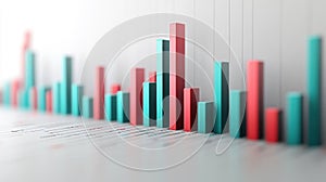 Abstract 3D Bar Graph Teal and Red Data Visualization on White