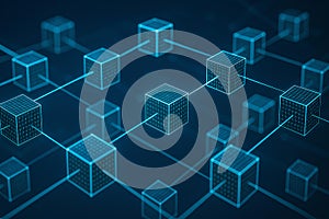 Abstract 3D blockchain network with glowing connected blocks representing secure digital data flow
