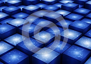 Abstract 3d blue cubes grid illuminated with bright light patterns dynamic digital art