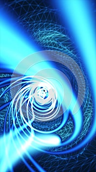 Abstract 3D blue tunnel made of digital wireframe and light swirls, symbolizing data flow and motion
