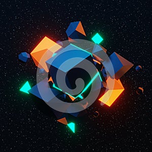 Abstract 3D composition featuring an array of geometric shapes
