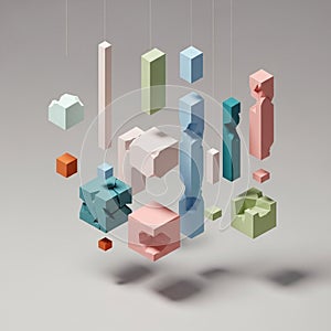 Abstract 3D composition featuring diverse geometric shapesâcubes and rectangular