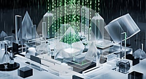 Abstract 3D Geometric Shapes with Falling Binary Code Rain, Digital Data Concept