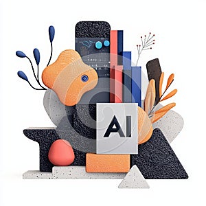 Abstract 3D Composition with Shapes and Textures Representing Artificial Intelligence Concept
