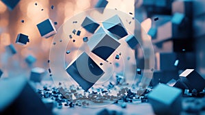 Abstract 3D Cubes Falling, Dynamic Blue, Digital Art, Technological Chaos, Geometric Abstract, Modern Design, Creative photo