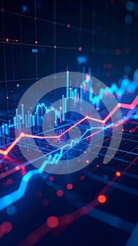 Abstract 3D data visualization with glowing blue and red lines on a dark background