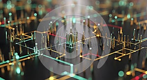 Abstract 3D Data Visualization: Network of Golden Spikes and Glowing Lines