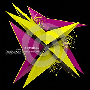 Abstract 3D design with angular, interlocking shapes in vibrant magenta and yellow,