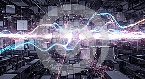 Abstract 3D digital network structure with glowing data streams and light particles