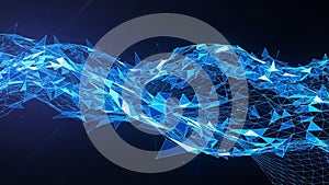 Abstract 3D digital rendering of a glowing blue geometric network structure with interconnected lines and triangles