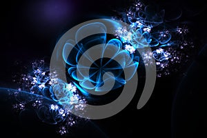 Abstract 3d flowers in a glass sphere. Fractal in blue, violet and white colors