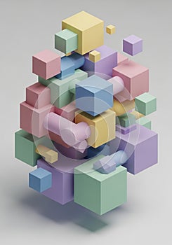 An abstract 3D geometric composition featuring an array of interlocking cubes and
