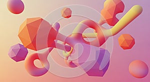 Abstract 3D geometric shapes floating in a soft gradient background blob bubble