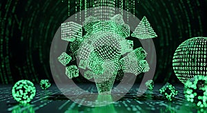 Abstract 3D Matrix Spheres and Cubes with Binary Code, Digital Data Stream, Futuristic Technology Concept