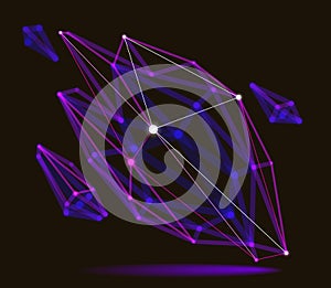 Abstract 3D mesh shape vector illustration, dots connected with lines technology polygonal object, dynamic tech and science