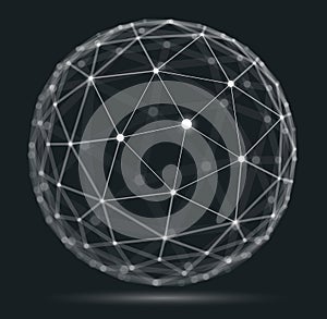 Abstract 3D mesh sphere vector illustration, dots connected with lines technology polygonal object, dynamic tech and science