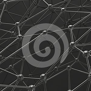 An abstract 3D model showing a complex network of metallic rods and spheres