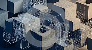Abstract 3d network of cubes and circuits representing data flow