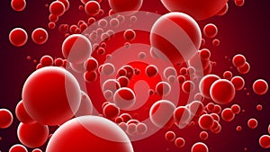 Abstract 3D red spheres floating in a dynamic On Dark red Background